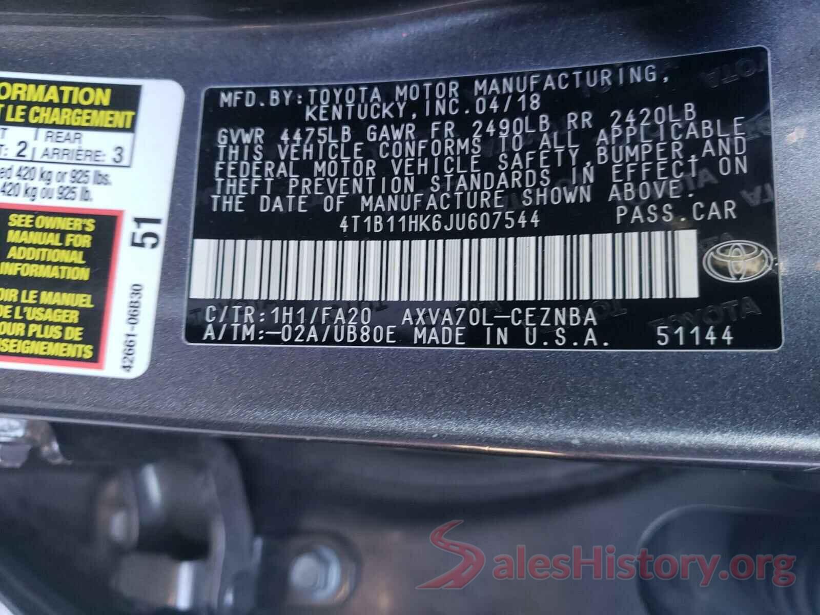 4T1B11HK6JU607544 2018 TOYOTA CAMRY