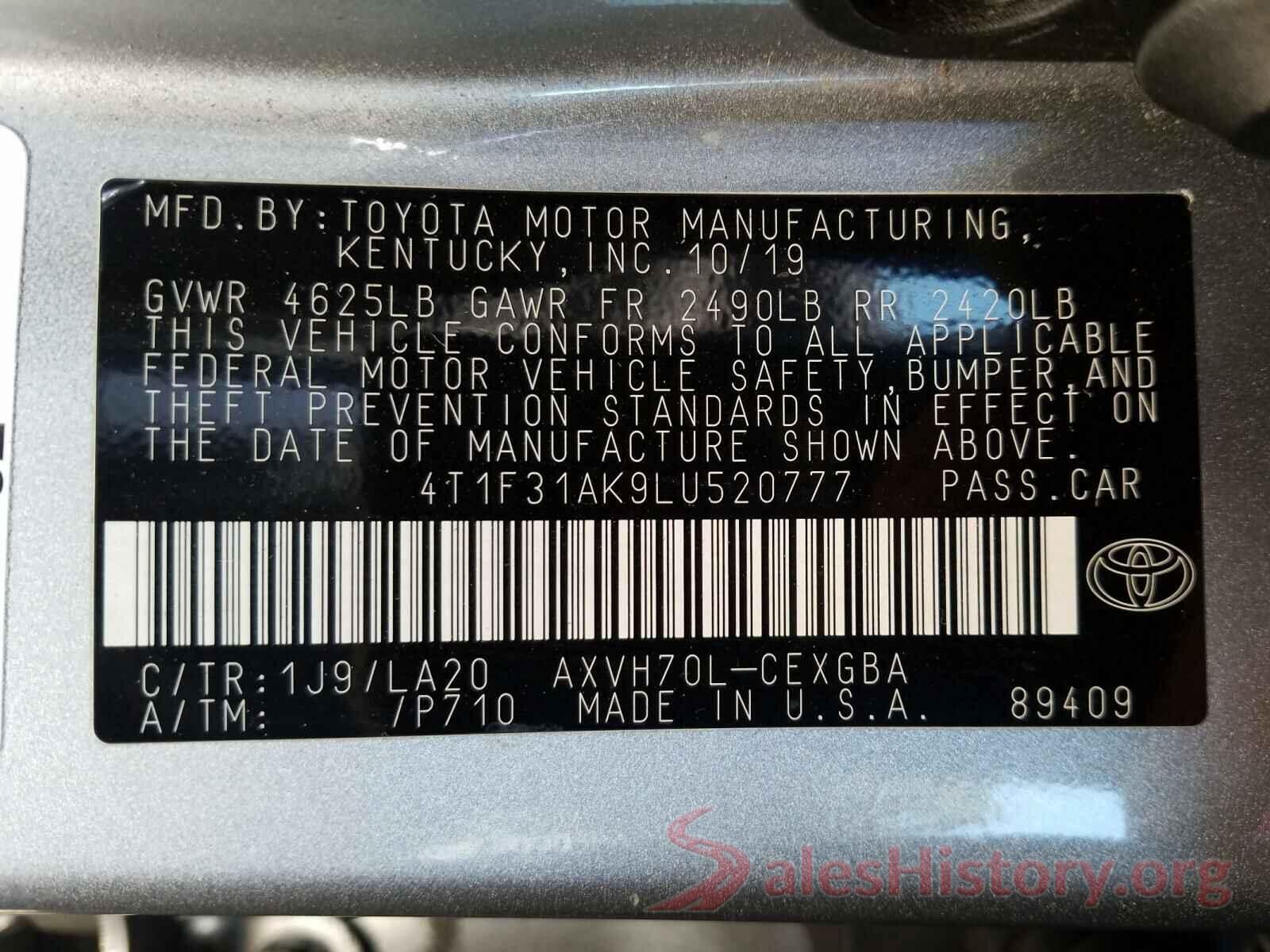 4T1F31AK9LU520777 2020 TOYOTA CAMRY