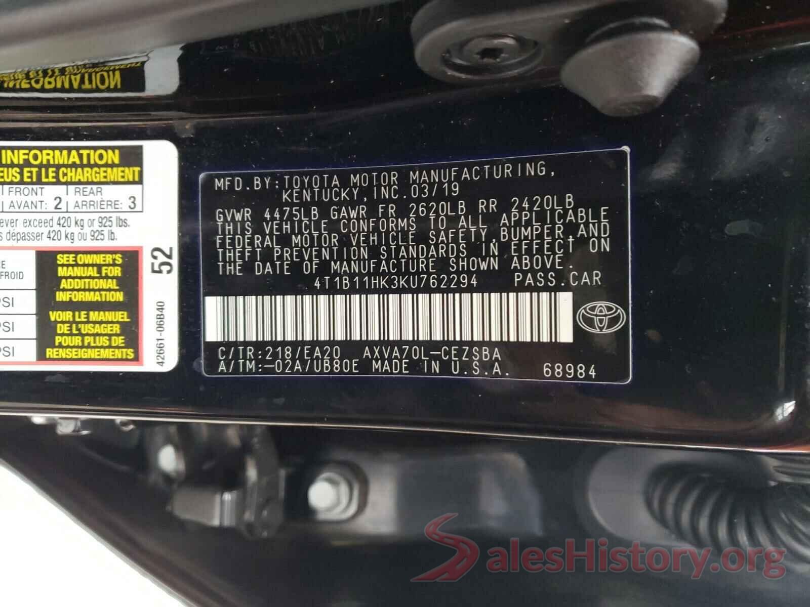 4T1B11HK3KU762294 2019 TOYOTA CAMRY