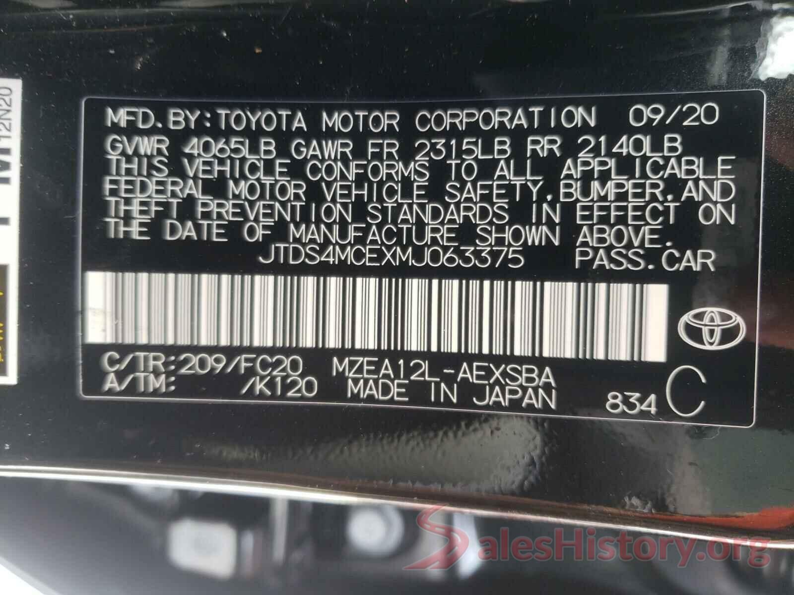 JTDS4MCEXMJ063375 2021 TOYOTA COROLLA