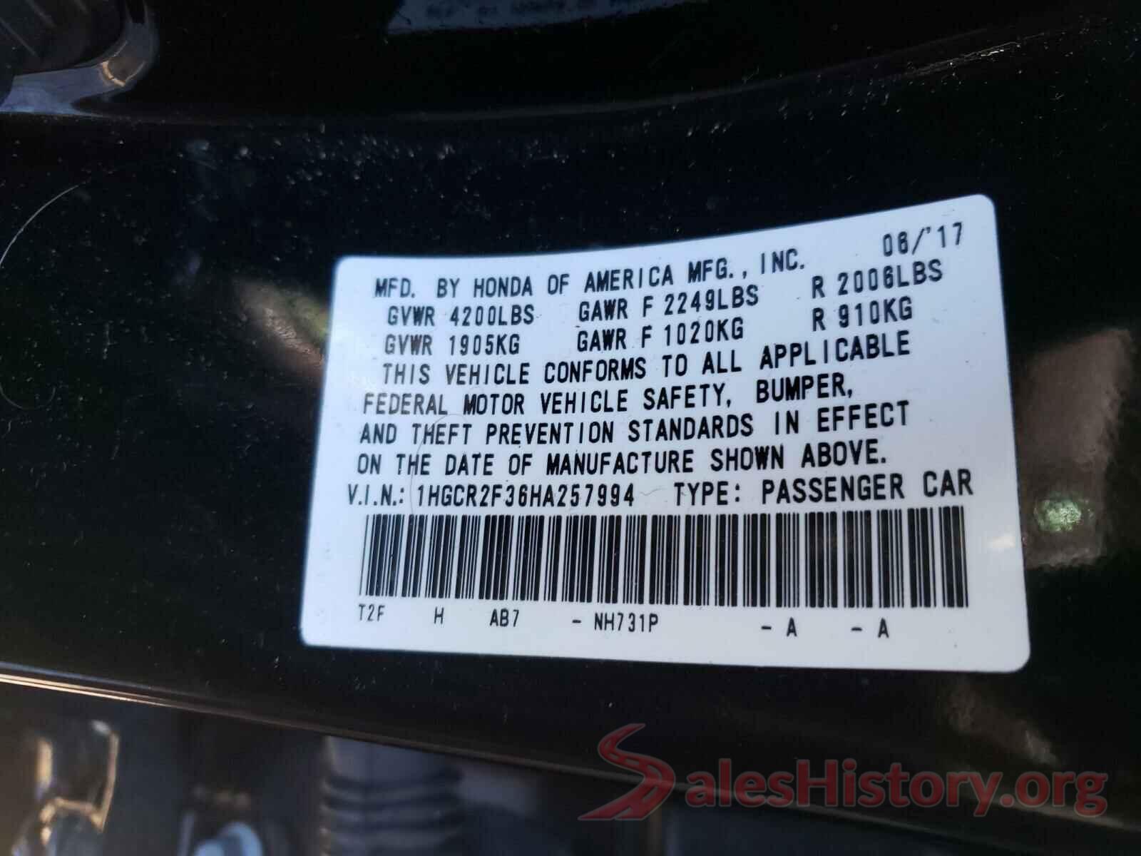 1HGCR2F36HA257994 2017 HONDA ACCORD