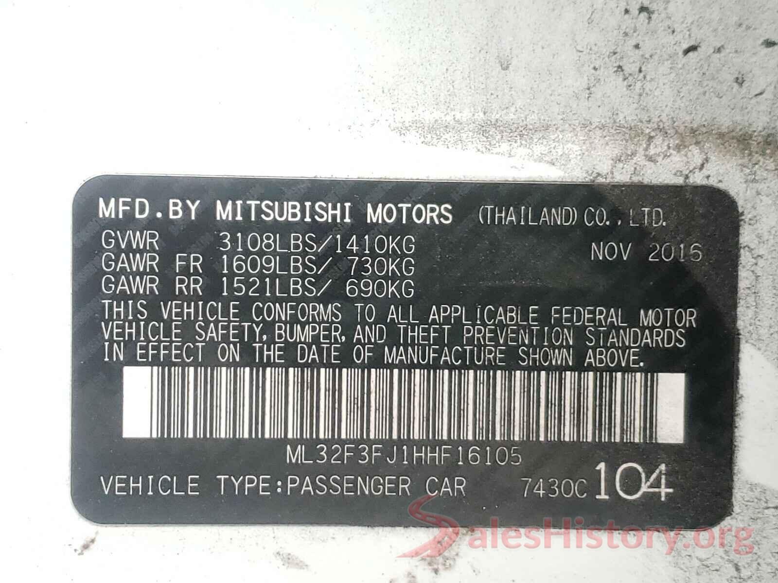 ML32F3FJ1HHF16105 2017 MITSUBISHI MIRAGE