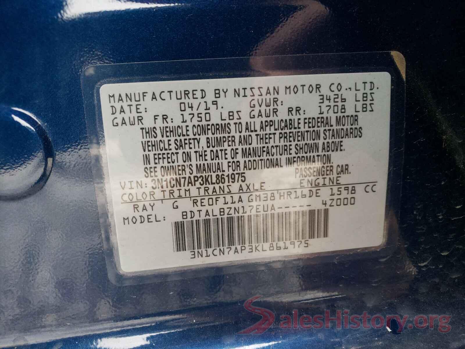 3N1CN7AP3KL861975 2019 NISSAN VERSA