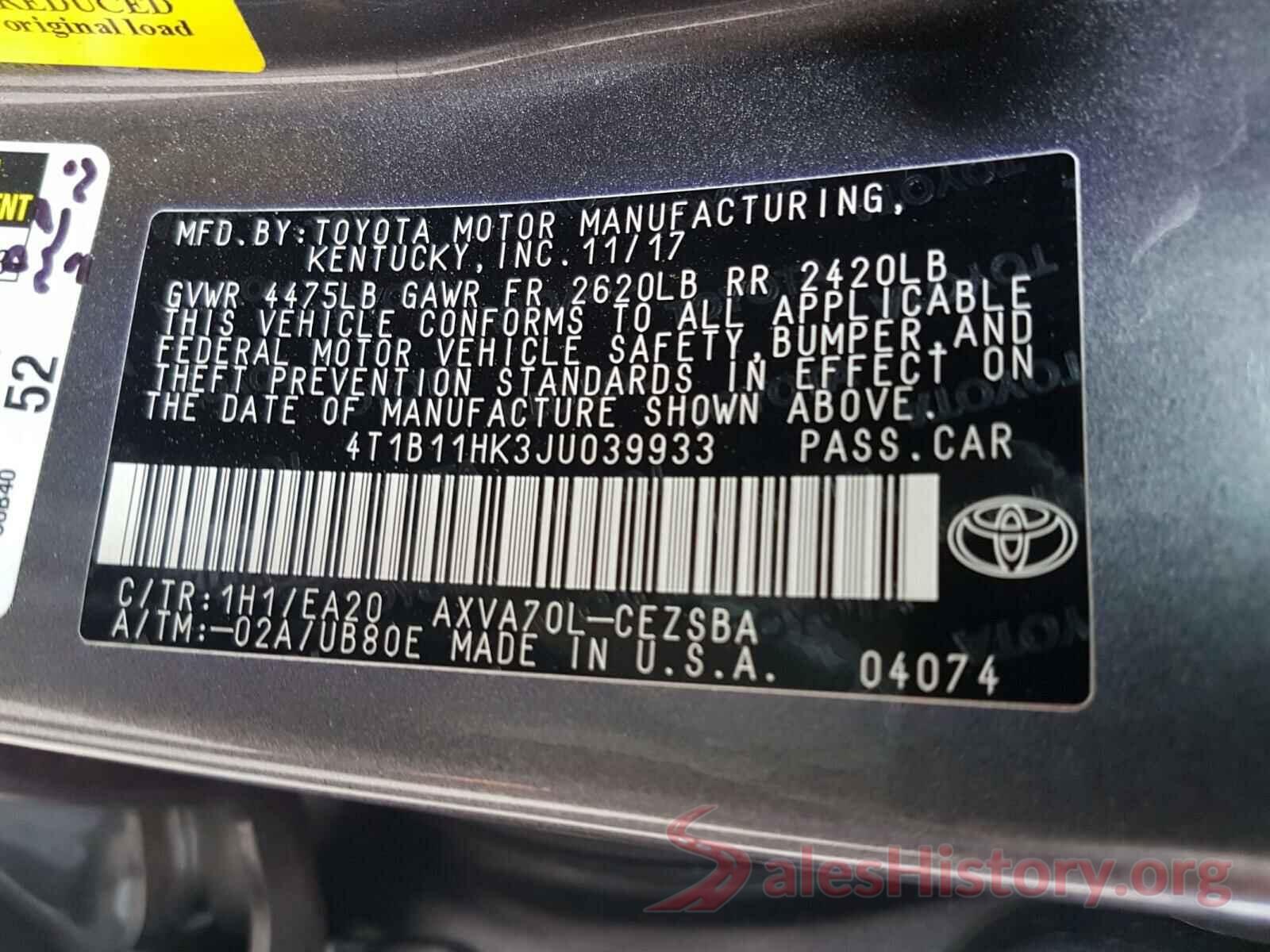 4T1B11HK3JU039933 2018 TOYOTA CAMRY