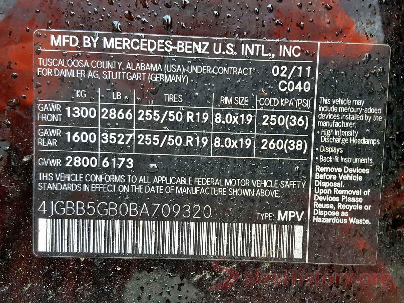 4JGBB5GB0BA709320 2011 MERCEDES-BENZ ML 350