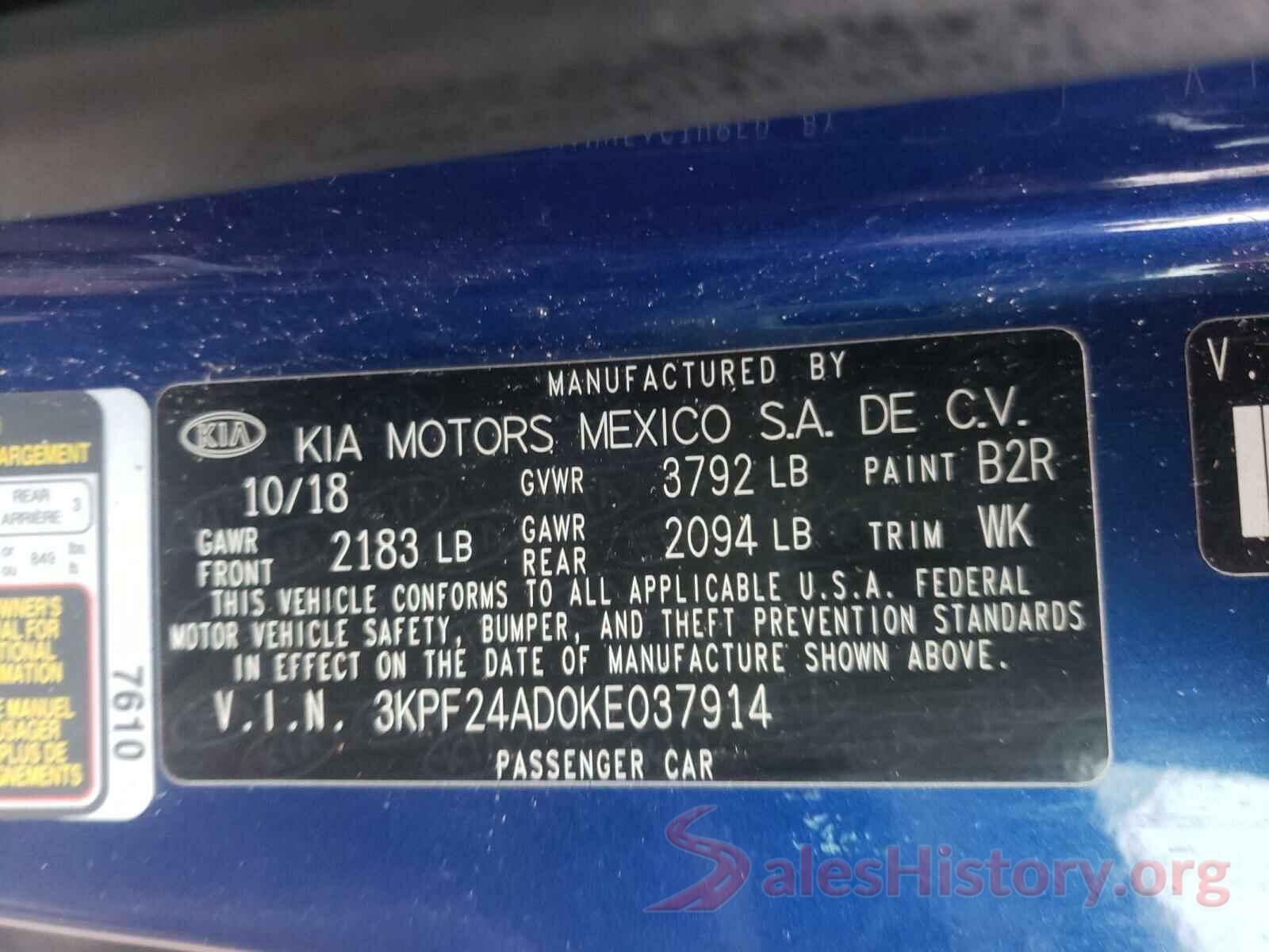 3KPF24AD0KE037914 2019 KIA FORTE