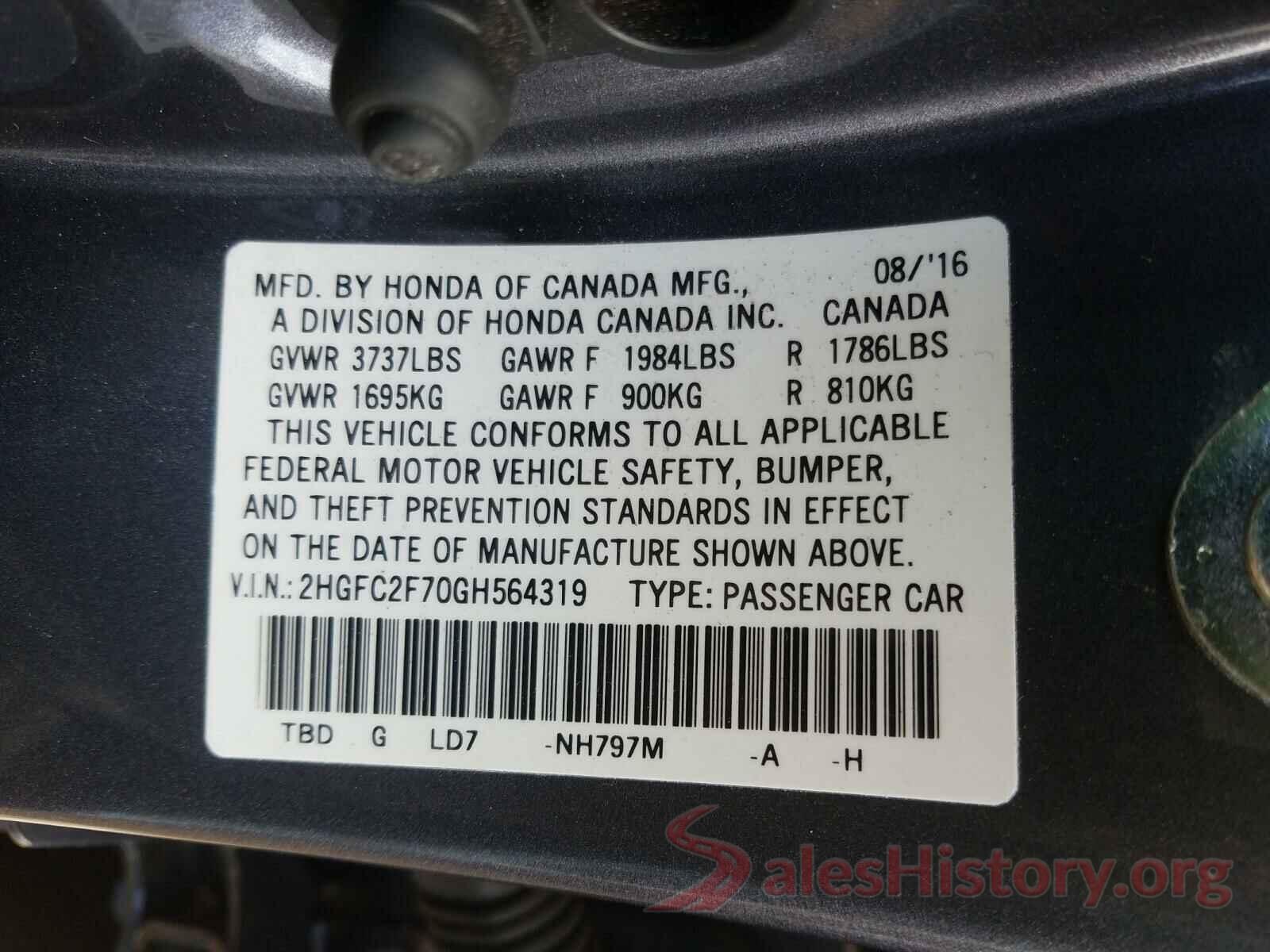 2HGFC2F70GH564319 2016 HONDA CIVIC