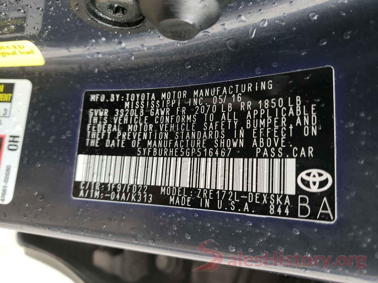 5YFBURHE5GP516467 2016 TOYOTA COROLLA