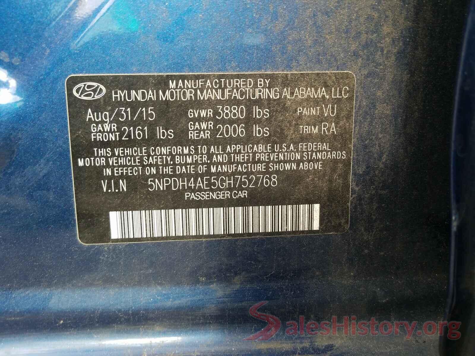 5NPDH4AE5GH752768 2016 HYUNDAI ELANTRA