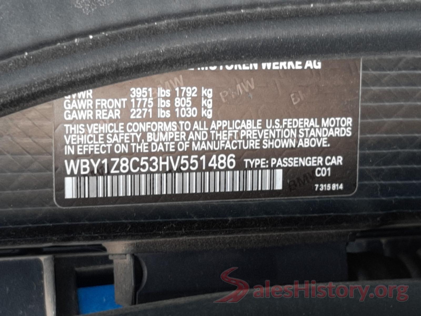 WBY1Z8C53HV551486 2017 BMW I SERIES