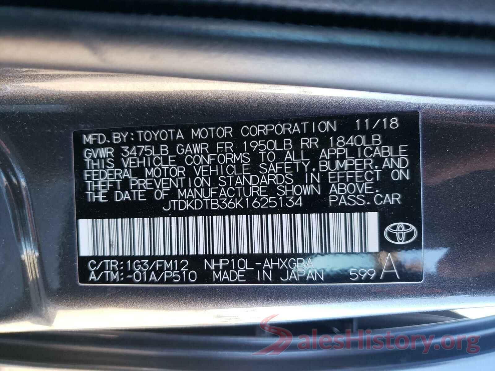 JTDKDTB36K1625134 2019 TOYOTA PRIUS