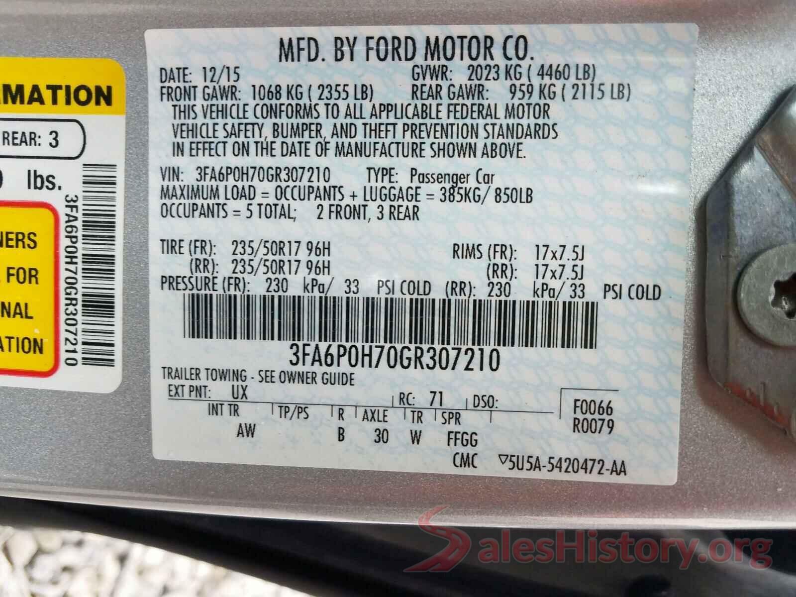 3FA6P0H70GR307210 2016 FORD FUSION