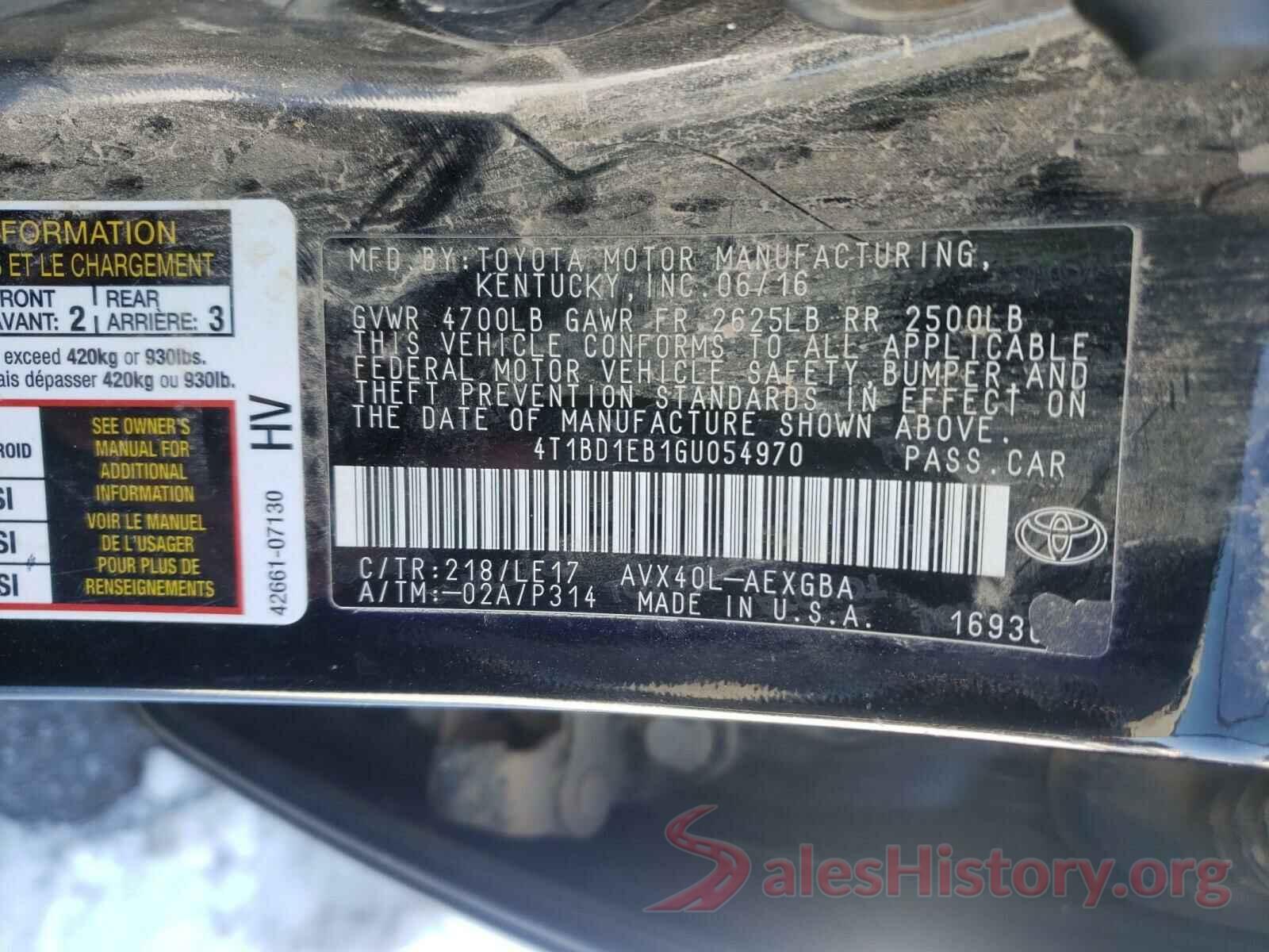 4T1BD1EB1GU054970 2016 TOYOTA AVALON