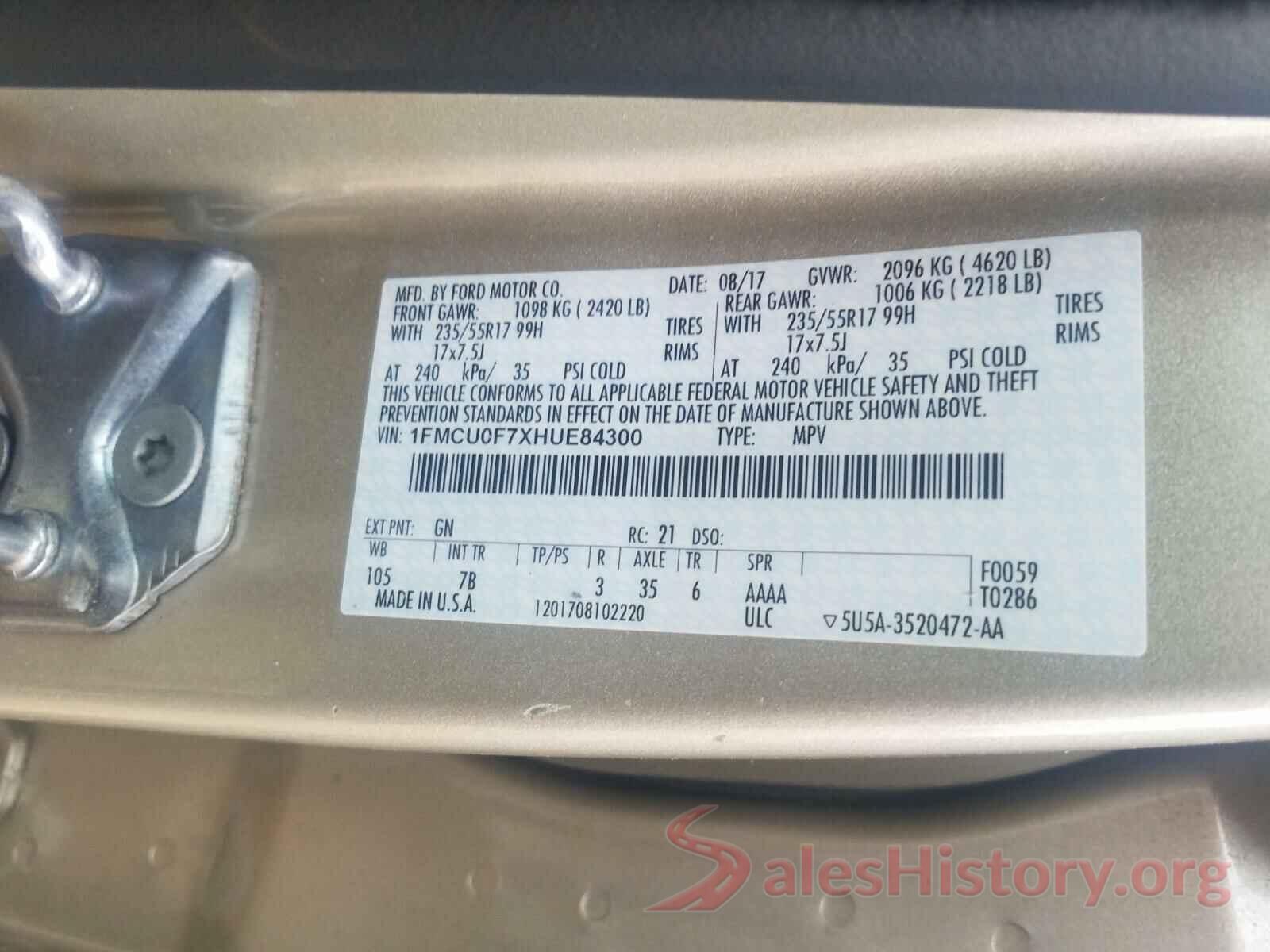 1FMCU0F7XHUE84300 2017 FORD ESCAPE