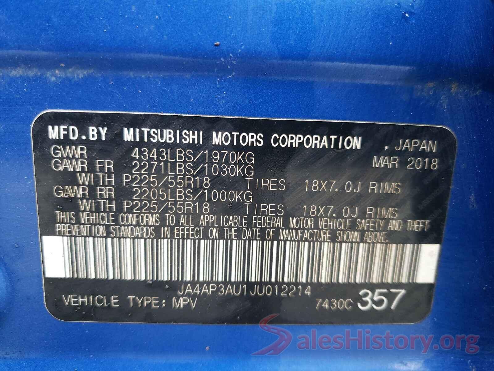 JA4AP3AU1JU012214 2018 MITSUBISHI OUTLANDER