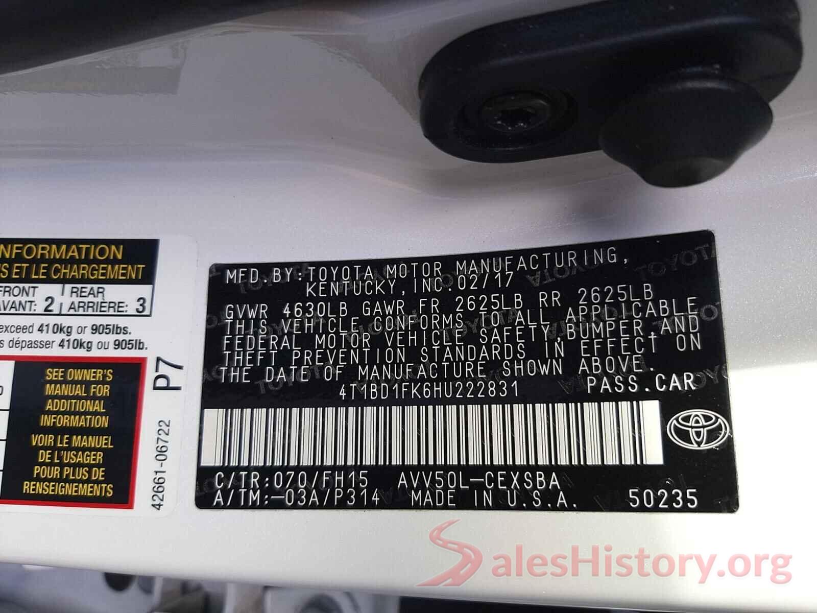 4T1BD1FK6HU222831 2017 TOYOTA CAMRY