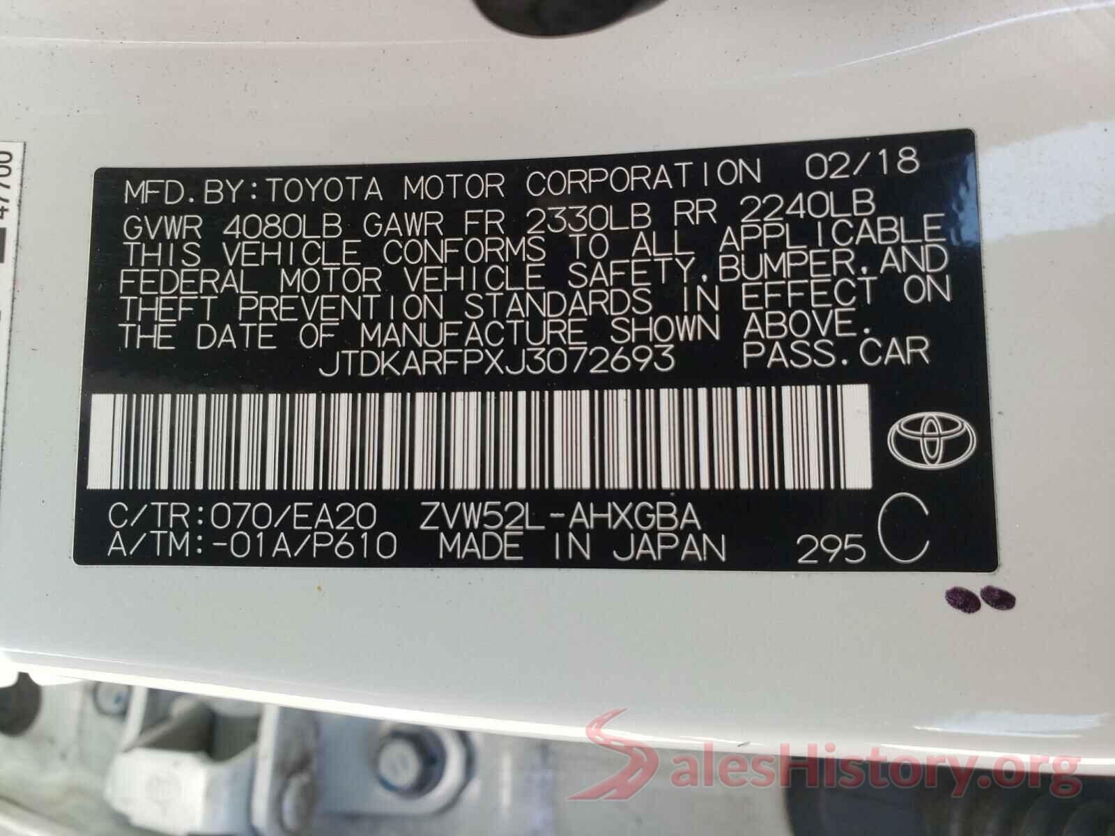 JTDKARFPXJ3072693 2018 TOYOTA PRIUS