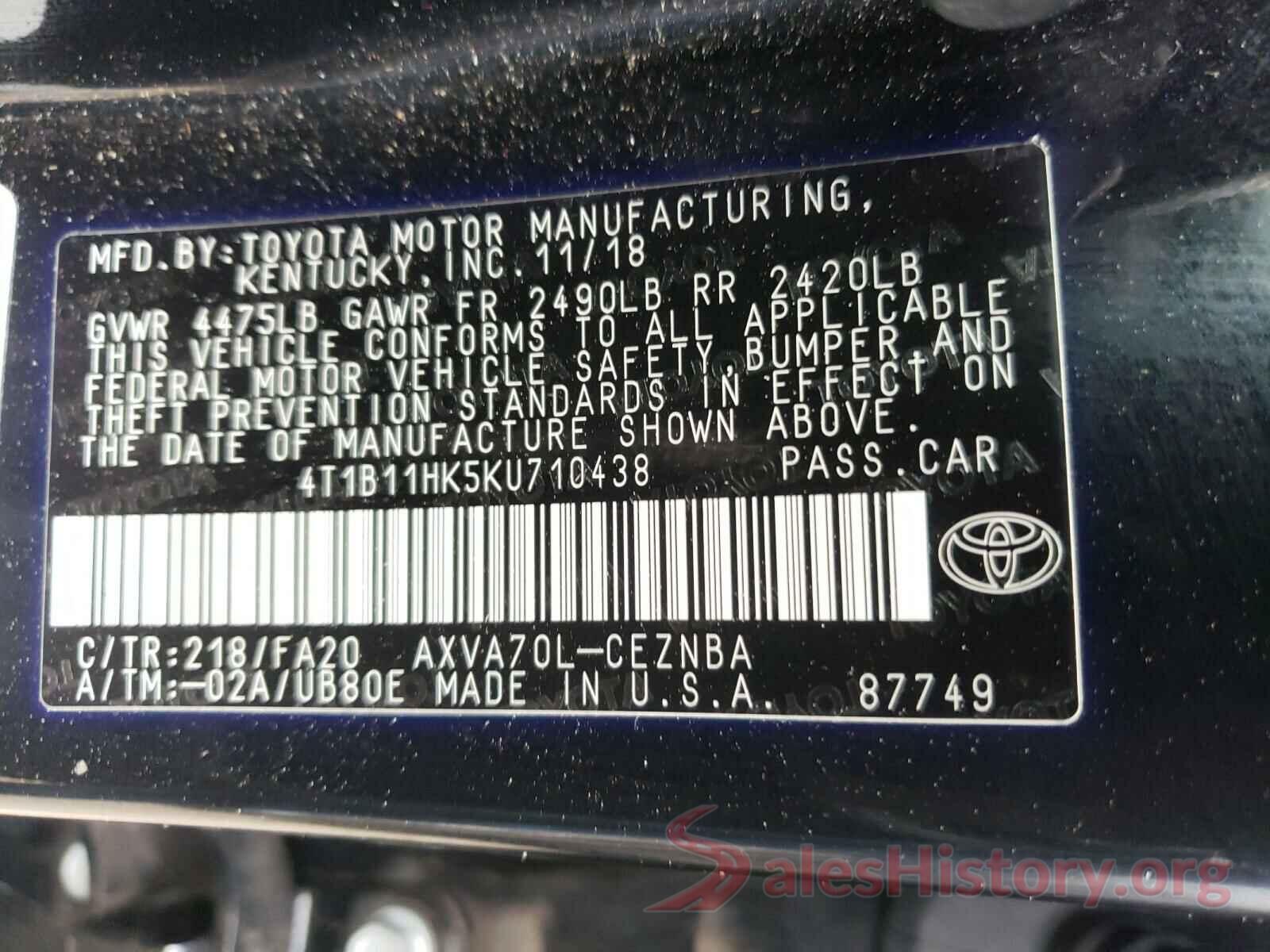 4T1B11HK5KU710438 2019 TOYOTA CAMRY