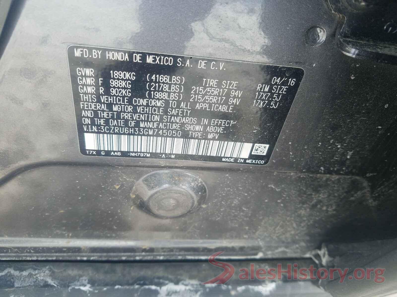 3CZRU6H33GM745050 2016 HONDA HR-V