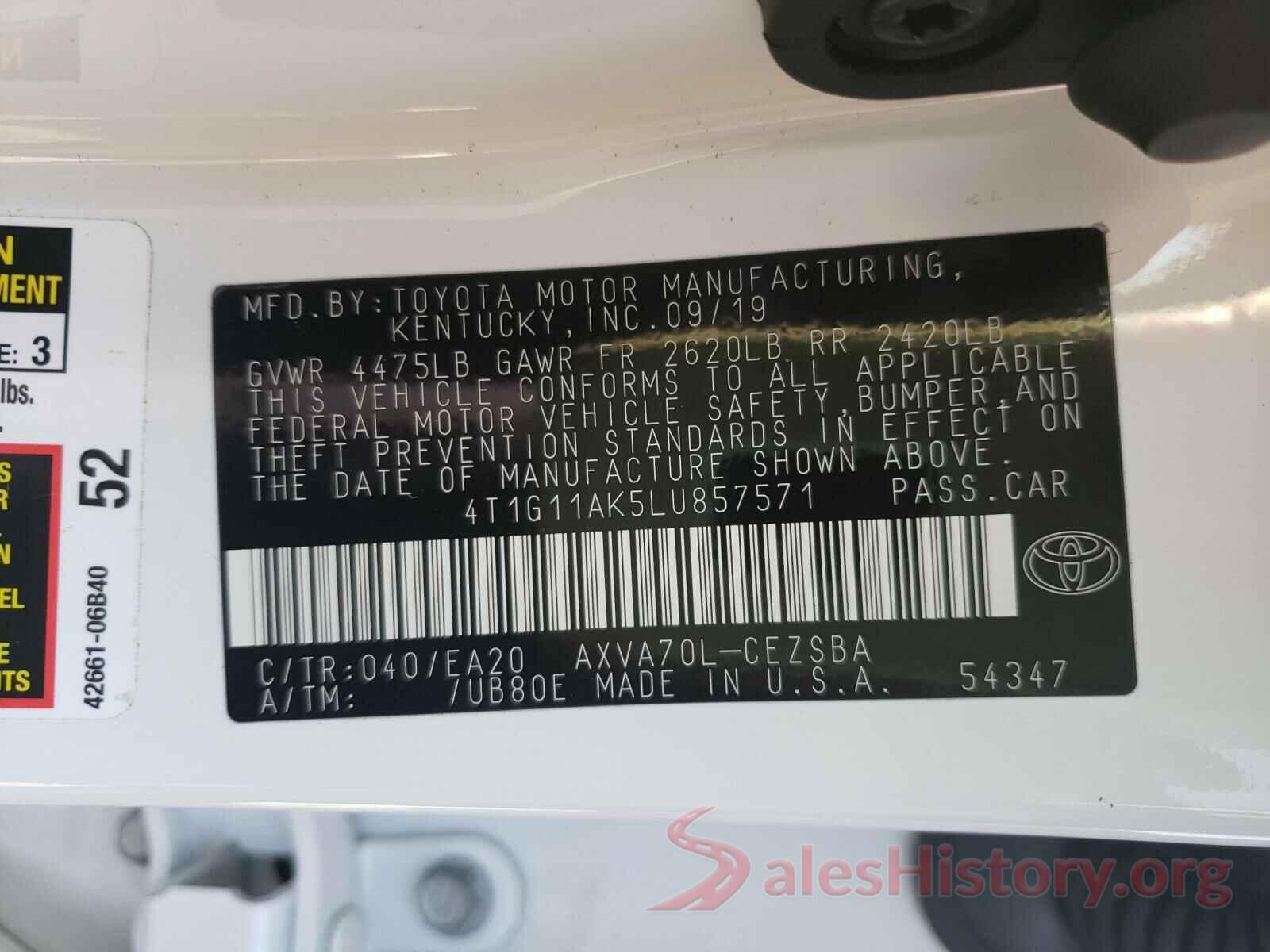 4T1G11AK5LU857571 2020 TOYOTA CAMRY