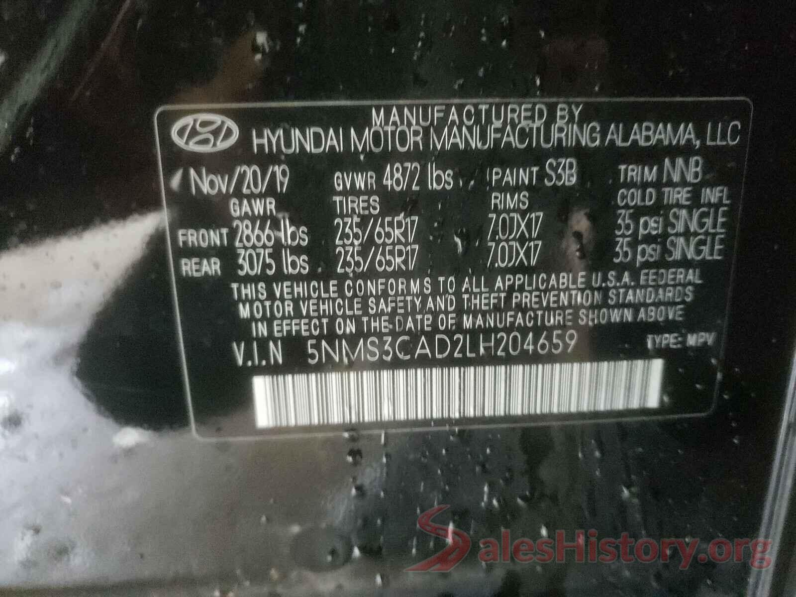 5NMS3CAD2LH204659 2020 HYUNDAI SANTA FE