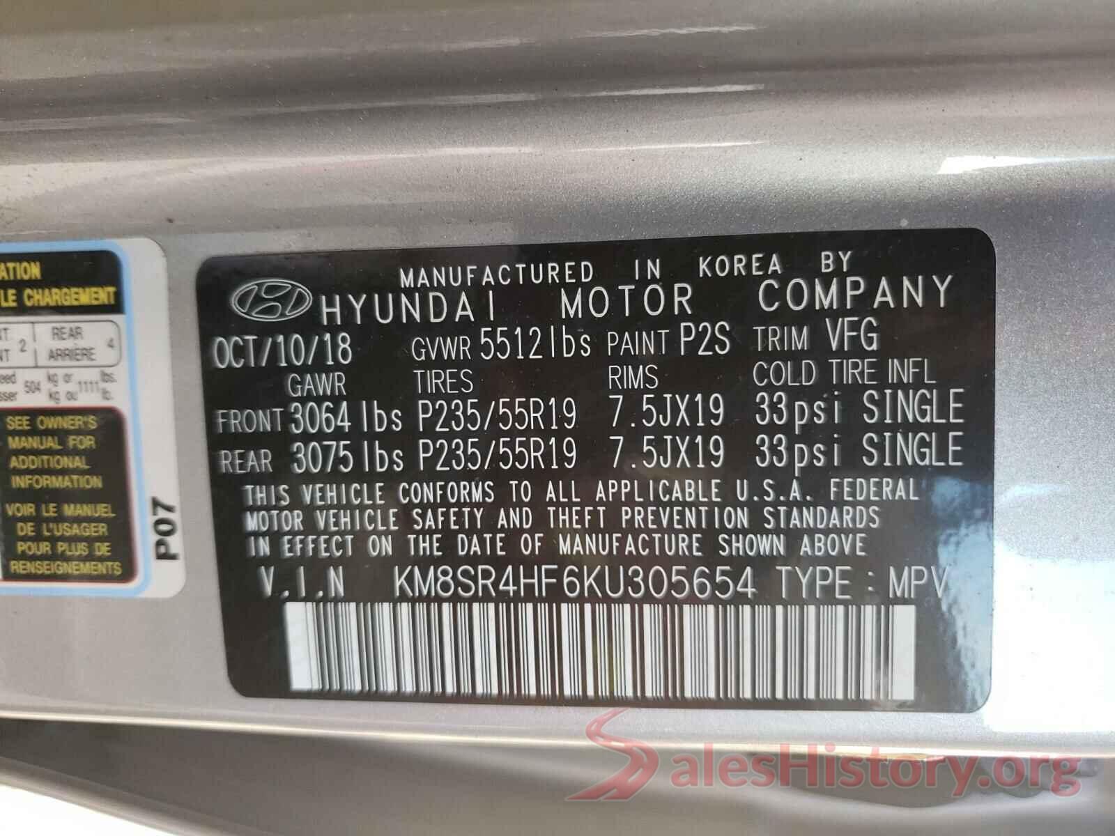 KM8SR4HF6KU305654 2019 HYUNDAI SANTA FE