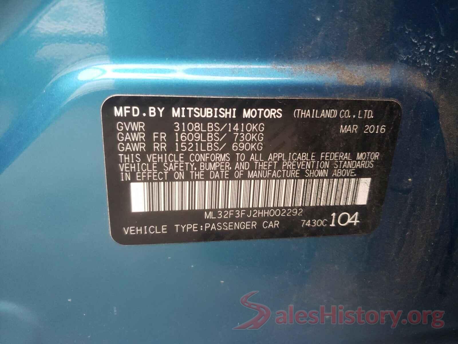 ML32F3FJ2HH002292 2017 MITSUBISHI MIRAGE