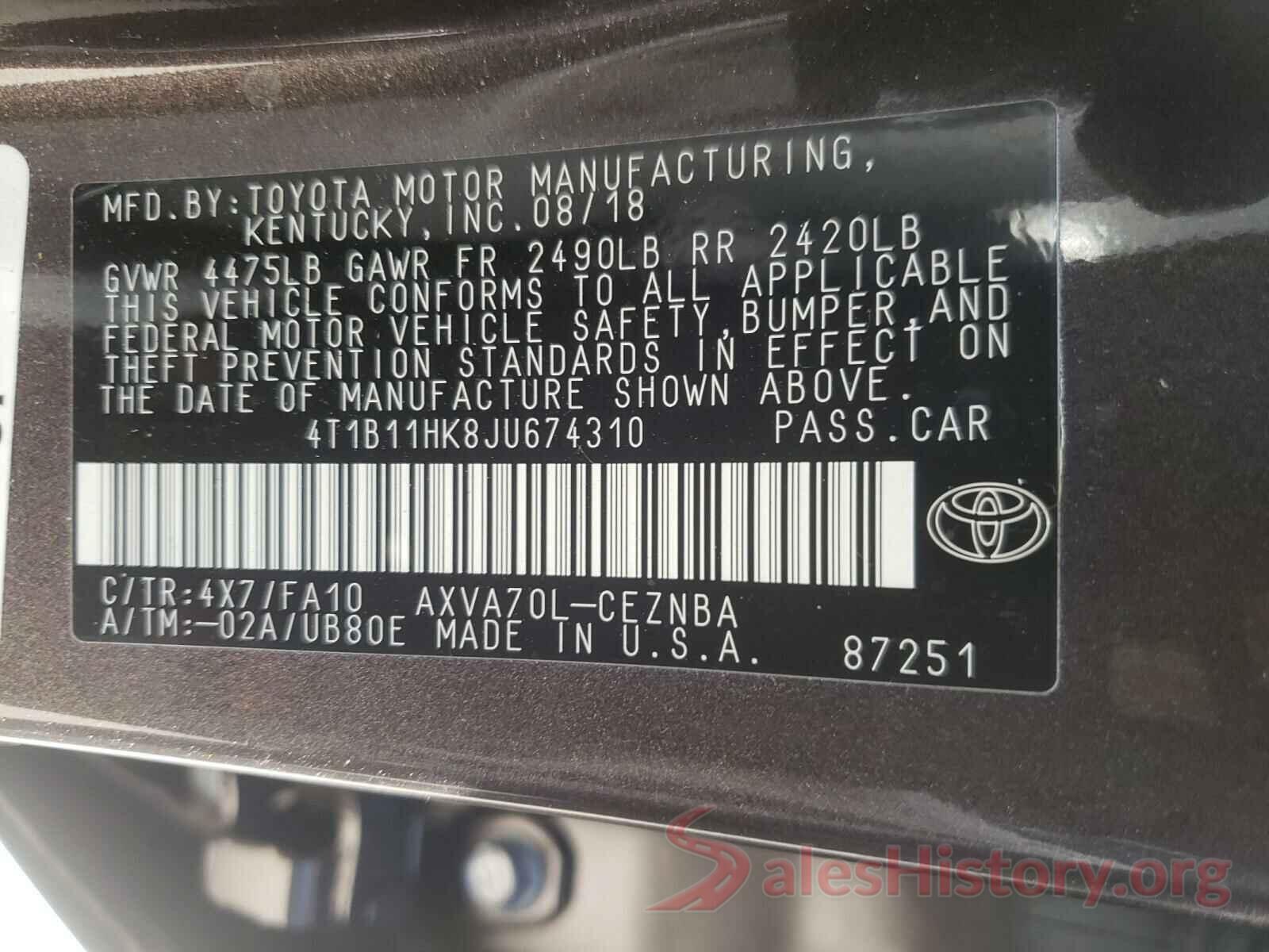 4T1B11HK8JU674310 2018 TOYOTA CAMRY