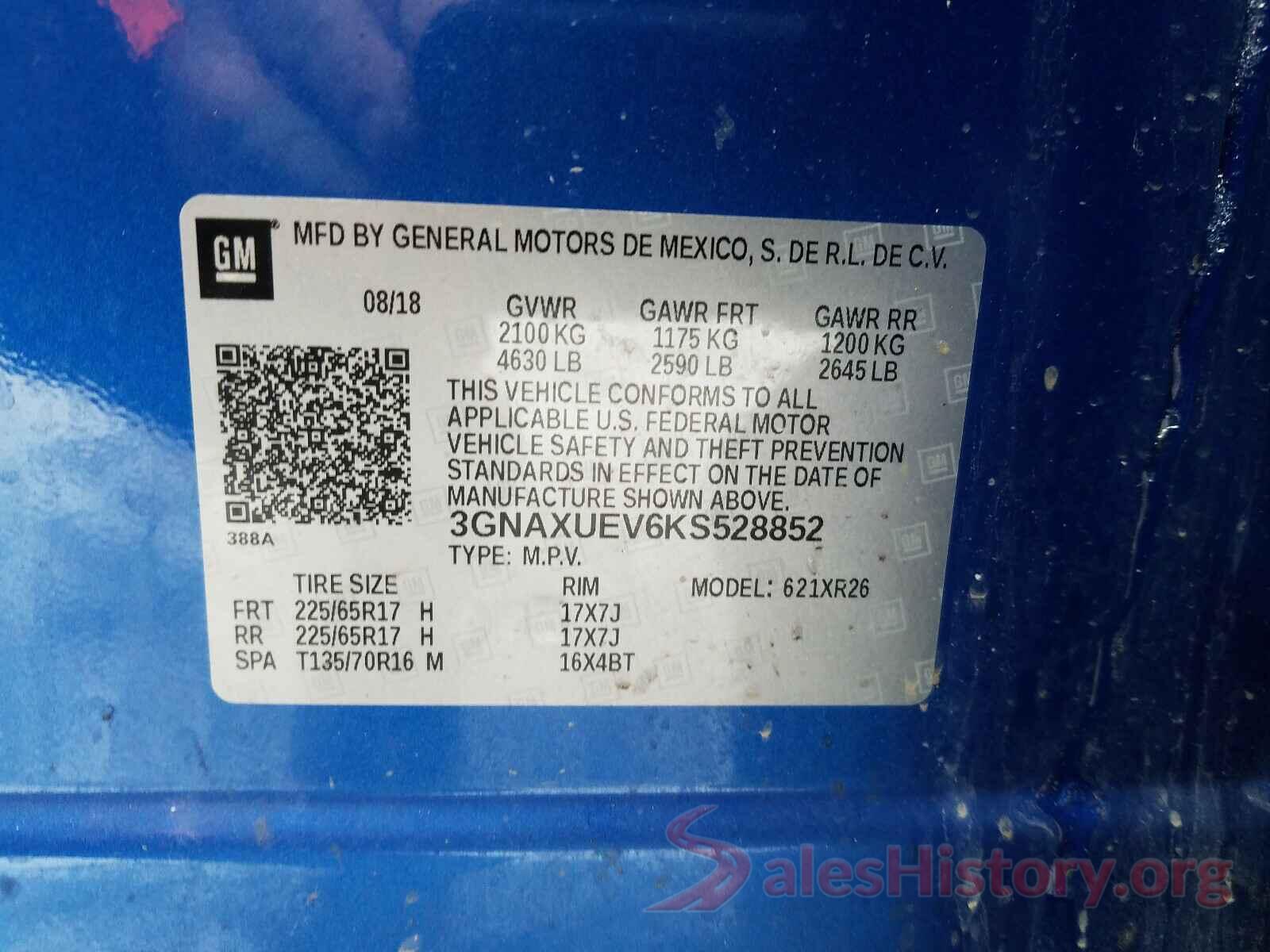 3GNAXUEV6KS528852 2019 CHEVROLET EQUINOX