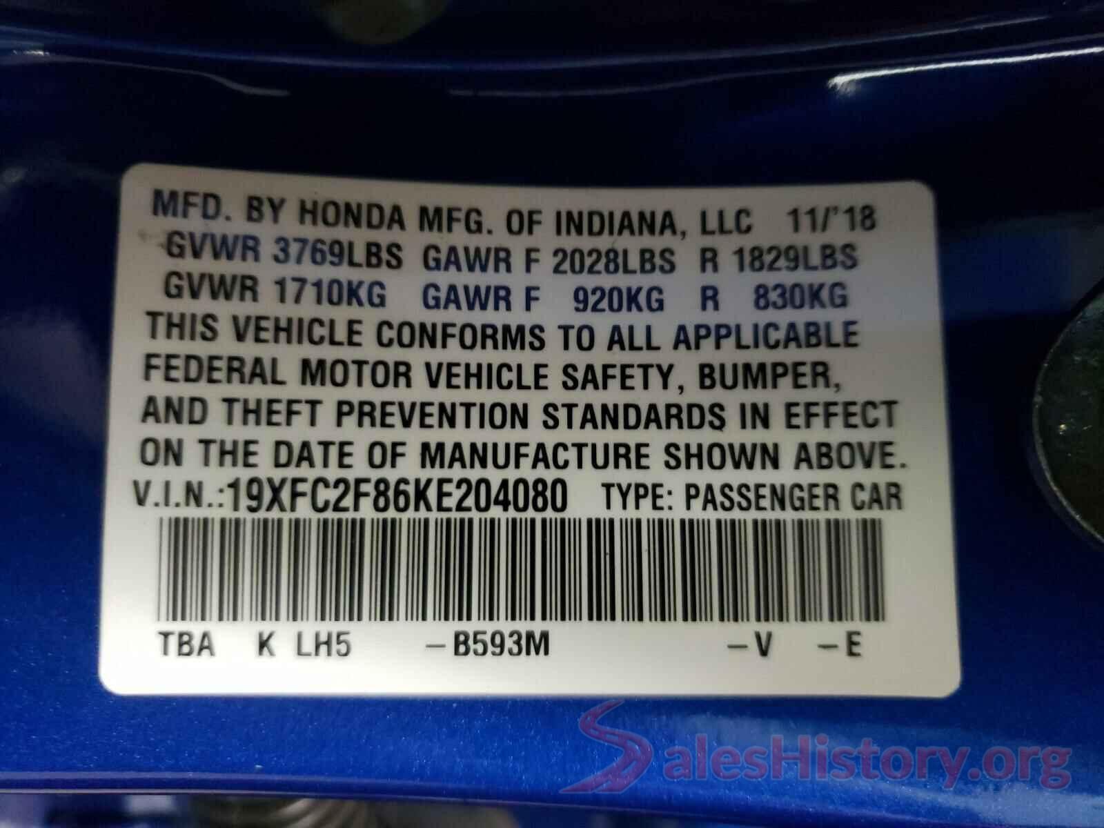 19XFC2F86KE204080 2019 HONDA CIVIC