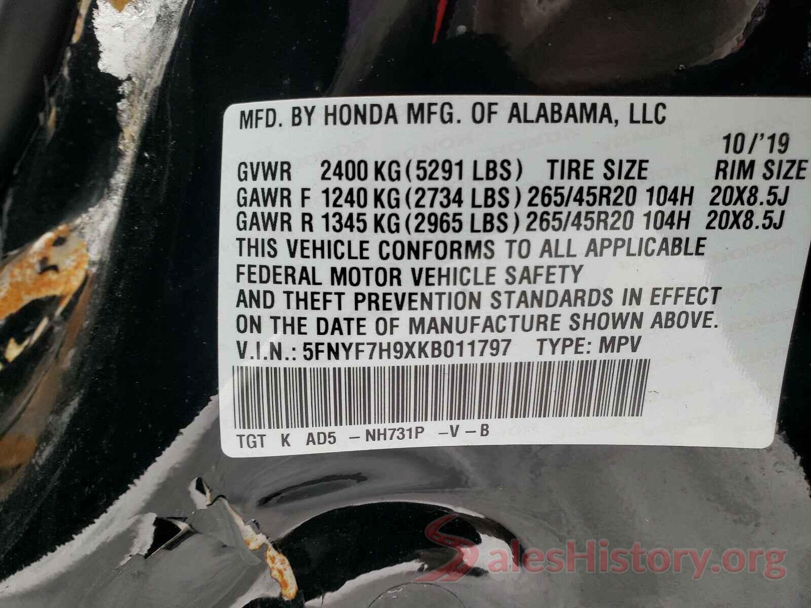 5FNYF7H9XKB011797 2019 HONDA PASSPORT