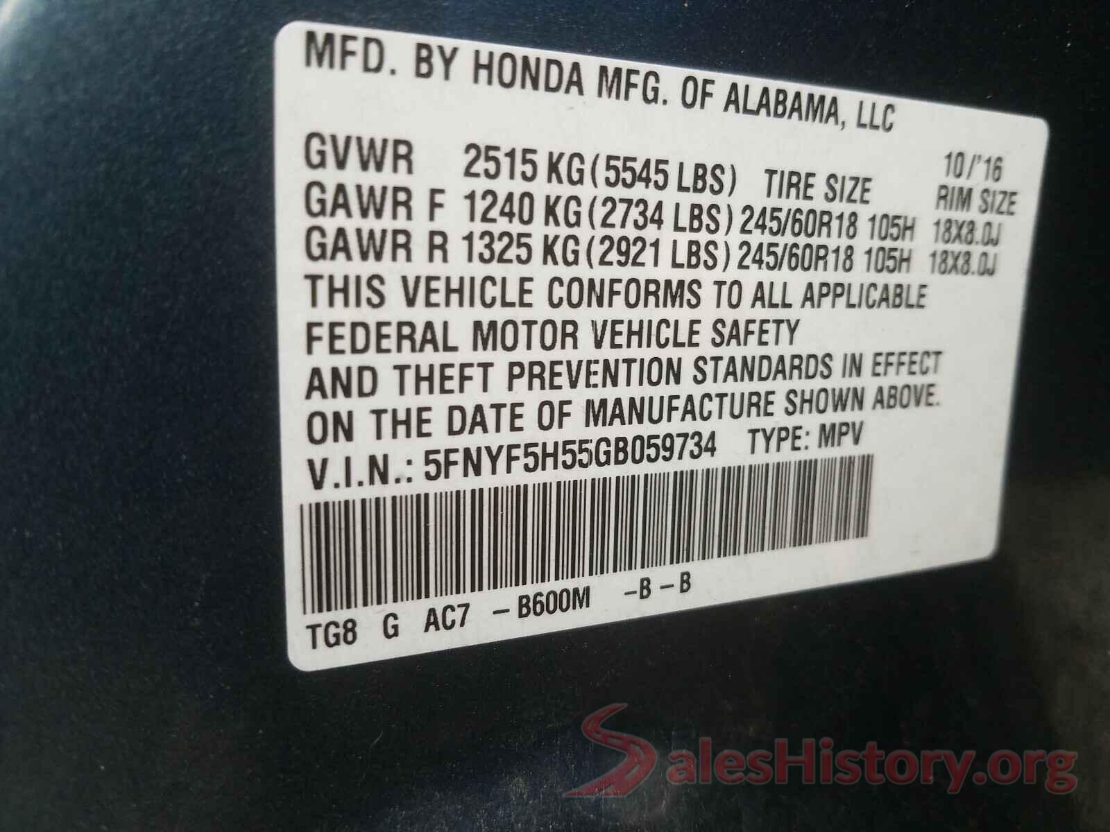 5FNYF5H55GB059734 2016 HONDA PILOT