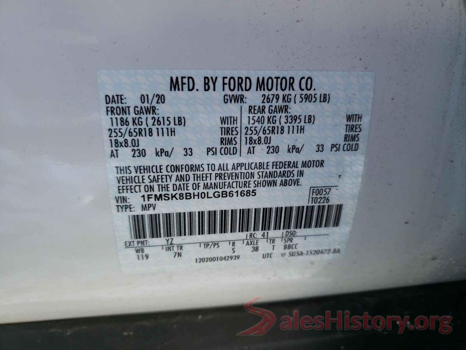 1FMSK8BH0LGB61685 2020 FORD EXPLORER