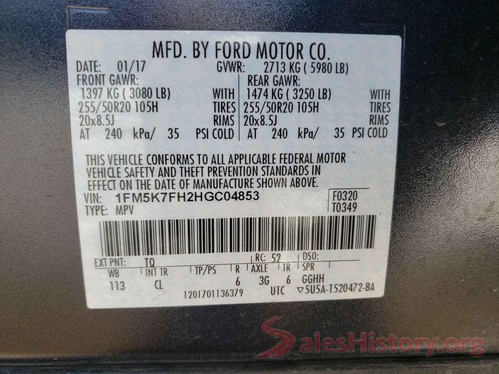 1FM5K7FH2HGC04853 2017 FORD EXPLORER