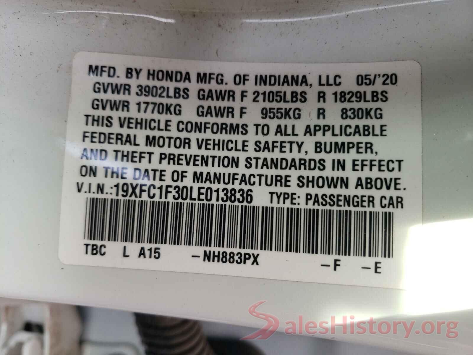 19XFC1F30LE013836 2020 HONDA CIVIC