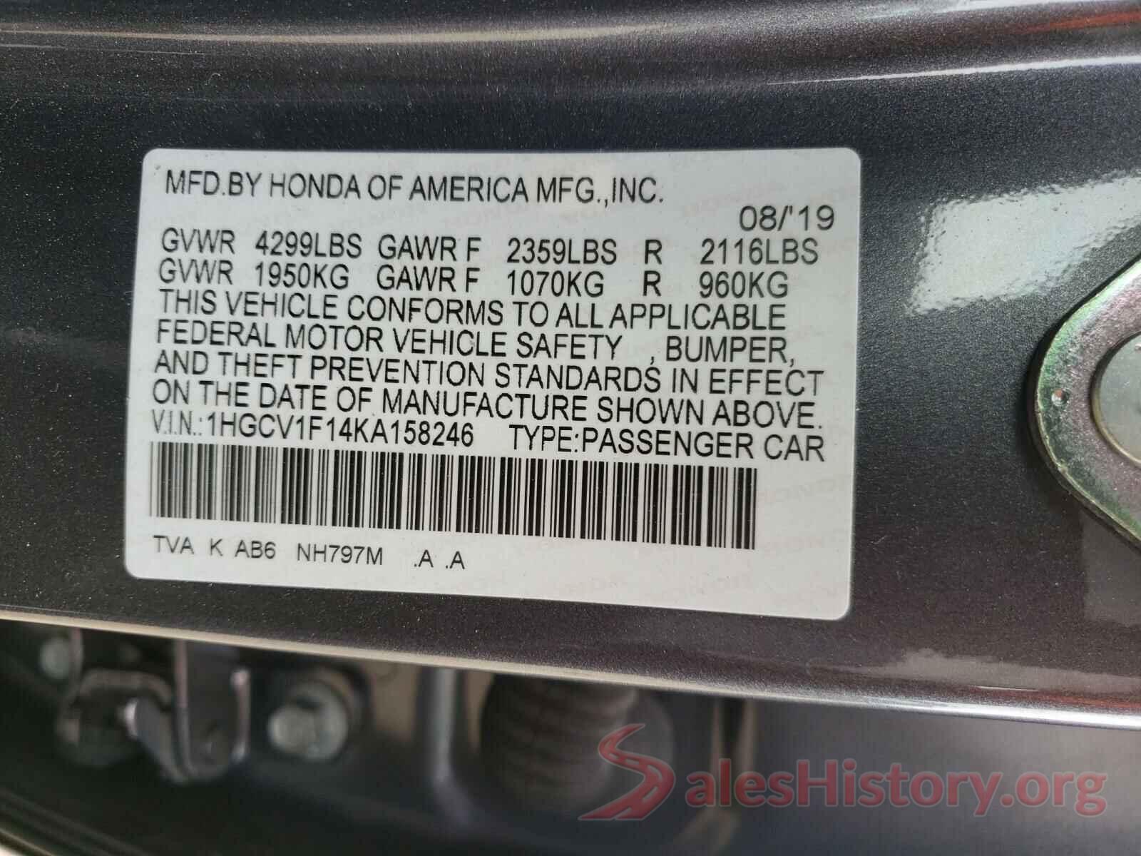 1HGCV1F14KA158246 2019 HONDA ACCORD