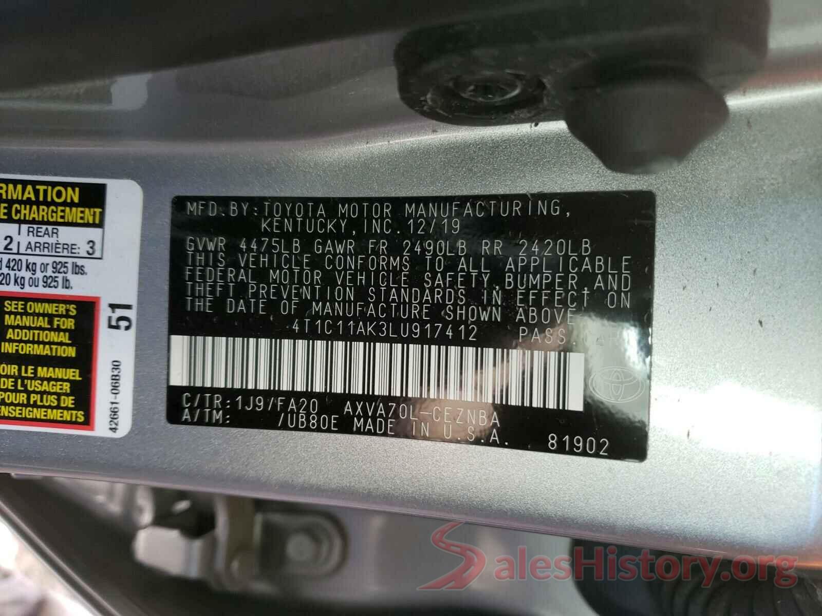 4T1C11AK3LU917412 2020 TOYOTA CAMRY