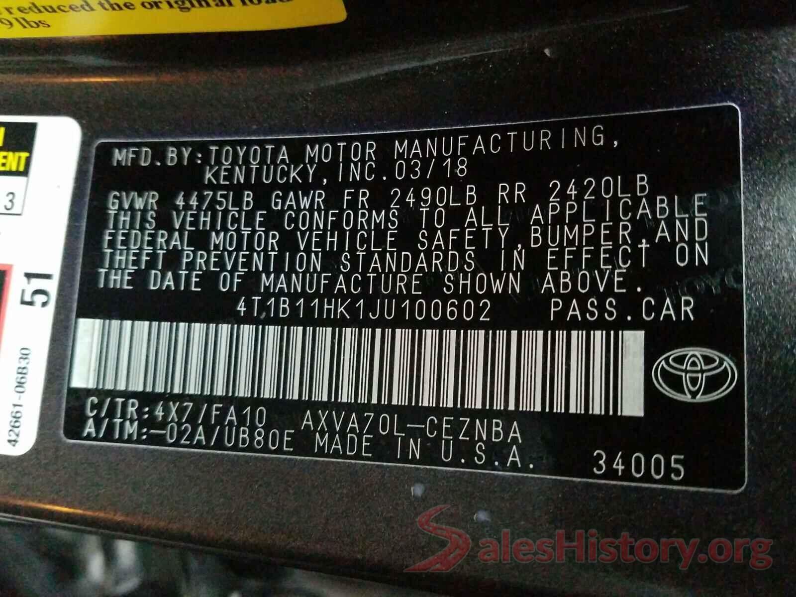 4T1B11HK1JU100602 2018 TOYOTA CAMRY