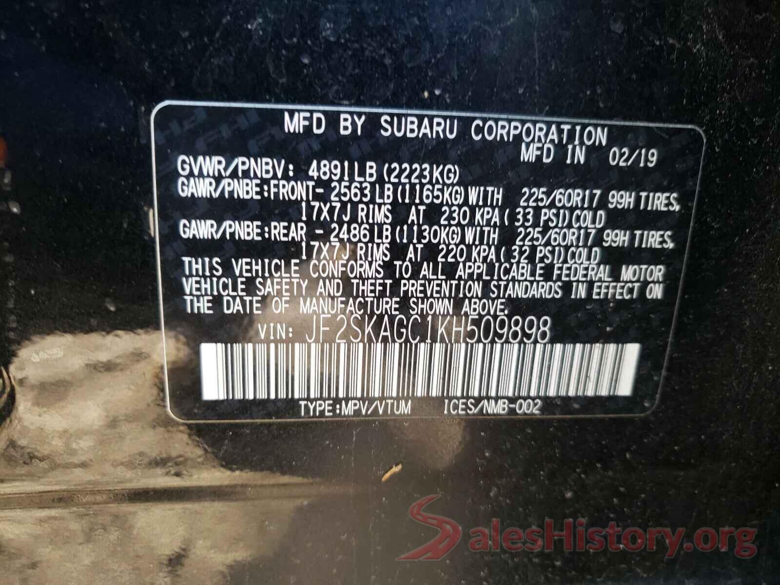 JF2SKAGC1KH509898 2019 SUBARU FORESTER