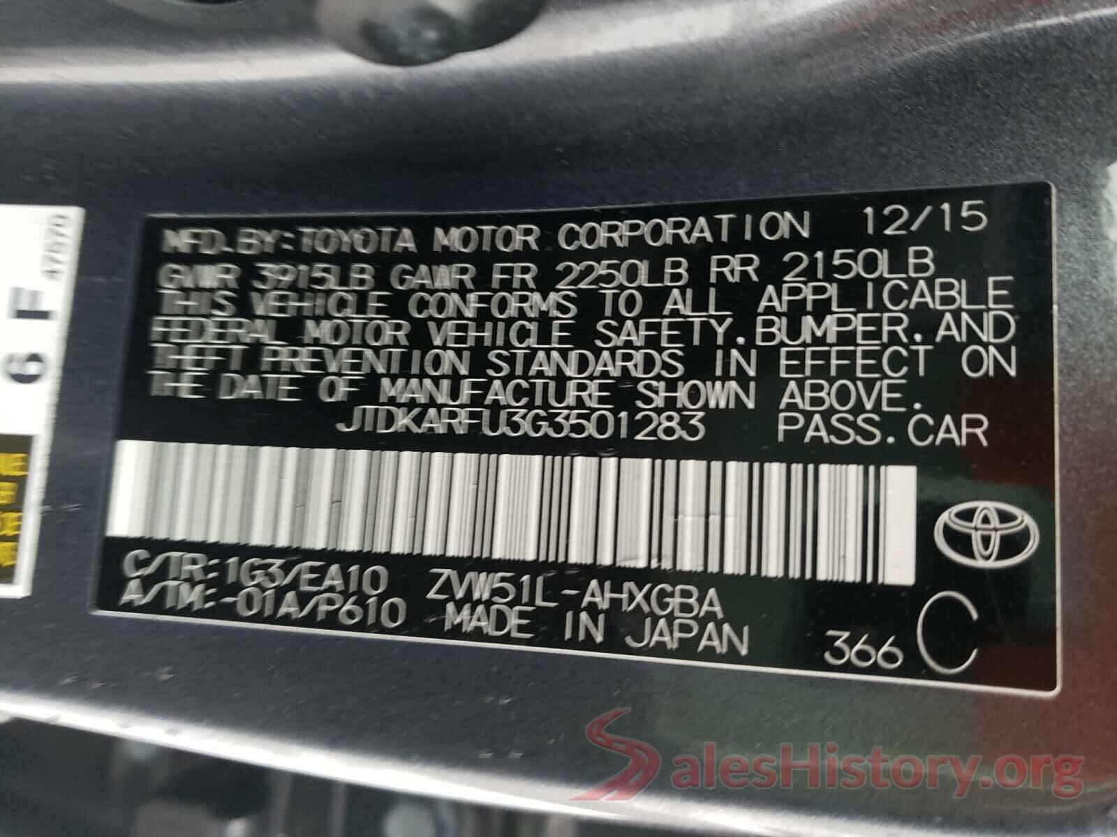 JTDKARFU3G3501283 2016 TOYOTA PRIUS