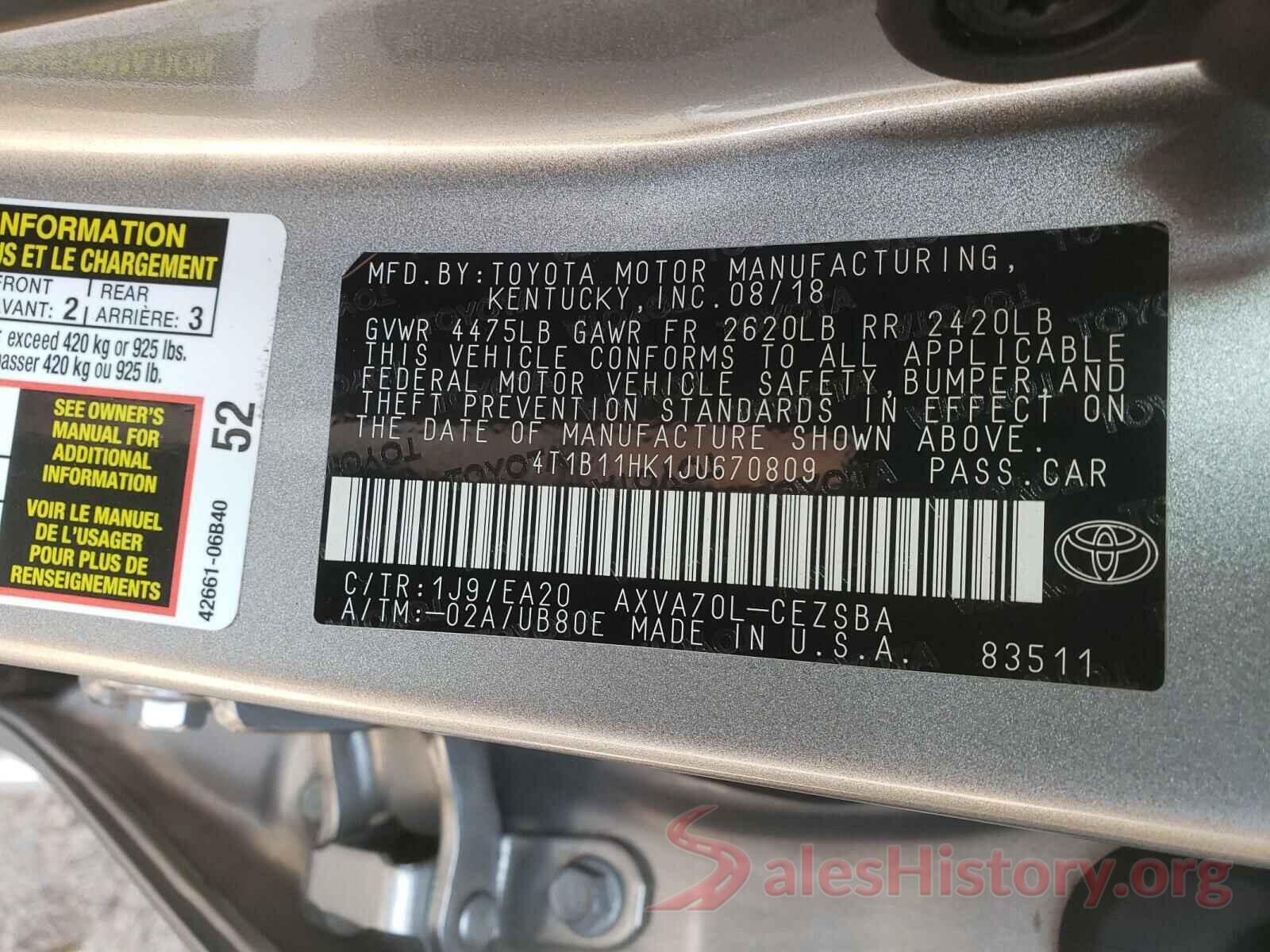 4T1B11HK1JU670809 2018 TOYOTA CAMRY