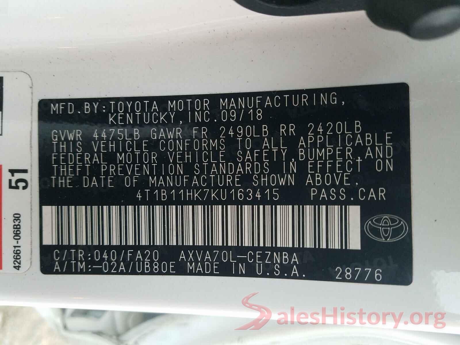 4T1B11HK7KU163415 2019 TOYOTA CAMRY