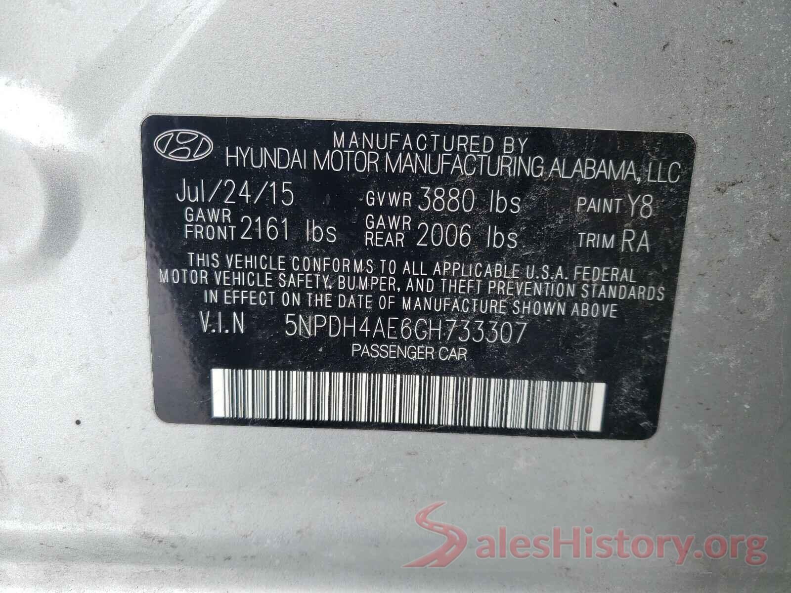 5NPDH4AE6GH733307 2016 HYUNDAI ELANTRA