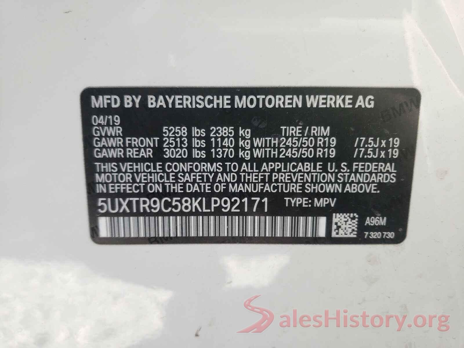 5UXTR9C58KLP92171 2019 BMW X3