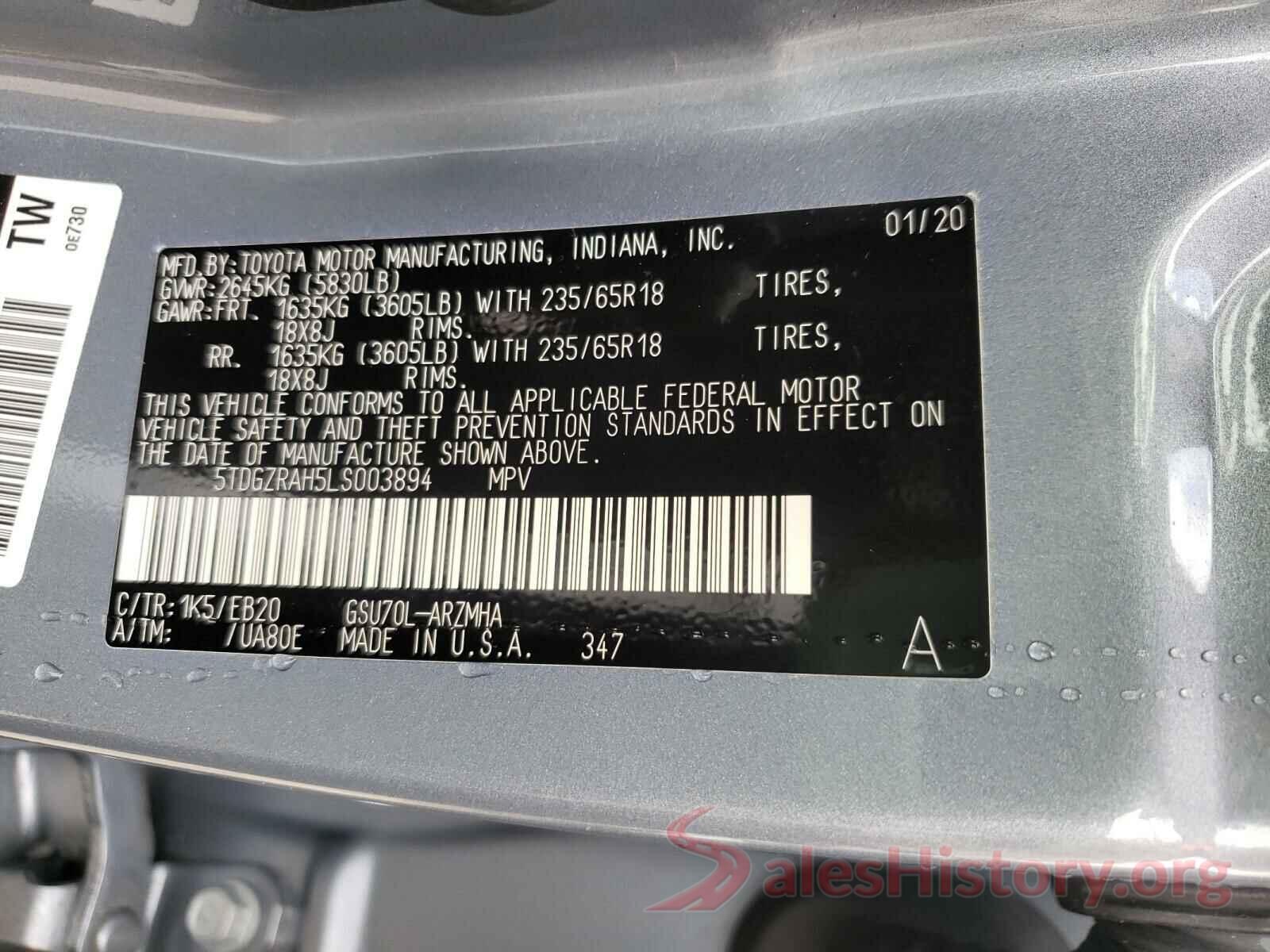 5TDGZRAH5LS003894 2020 TOYOTA HIGHLANDER