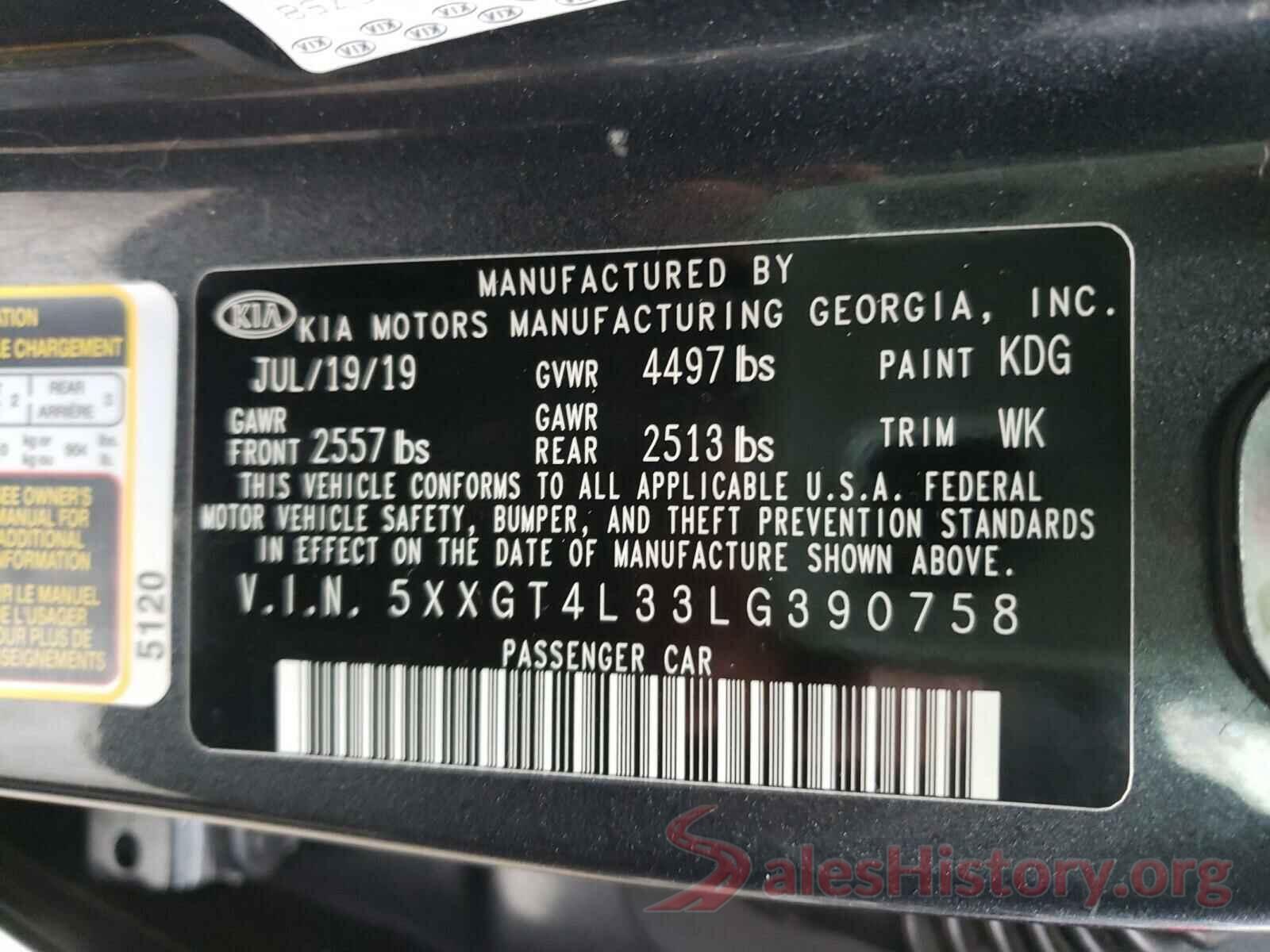 5XXGT4L33LG390758 2020 KIA OPTIMA