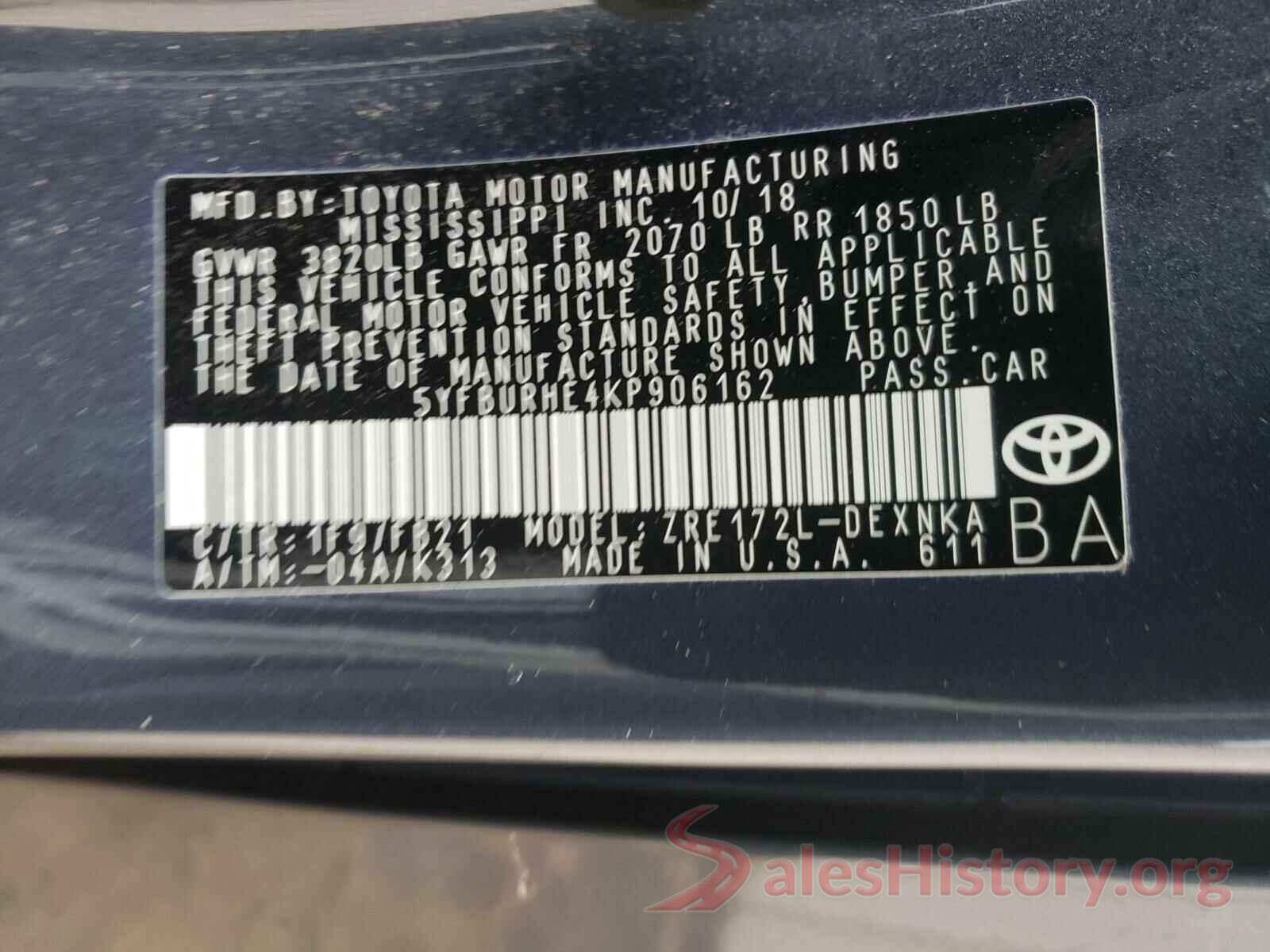 5YFBURHE4KP906162 2019 TOYOTA COROLLA