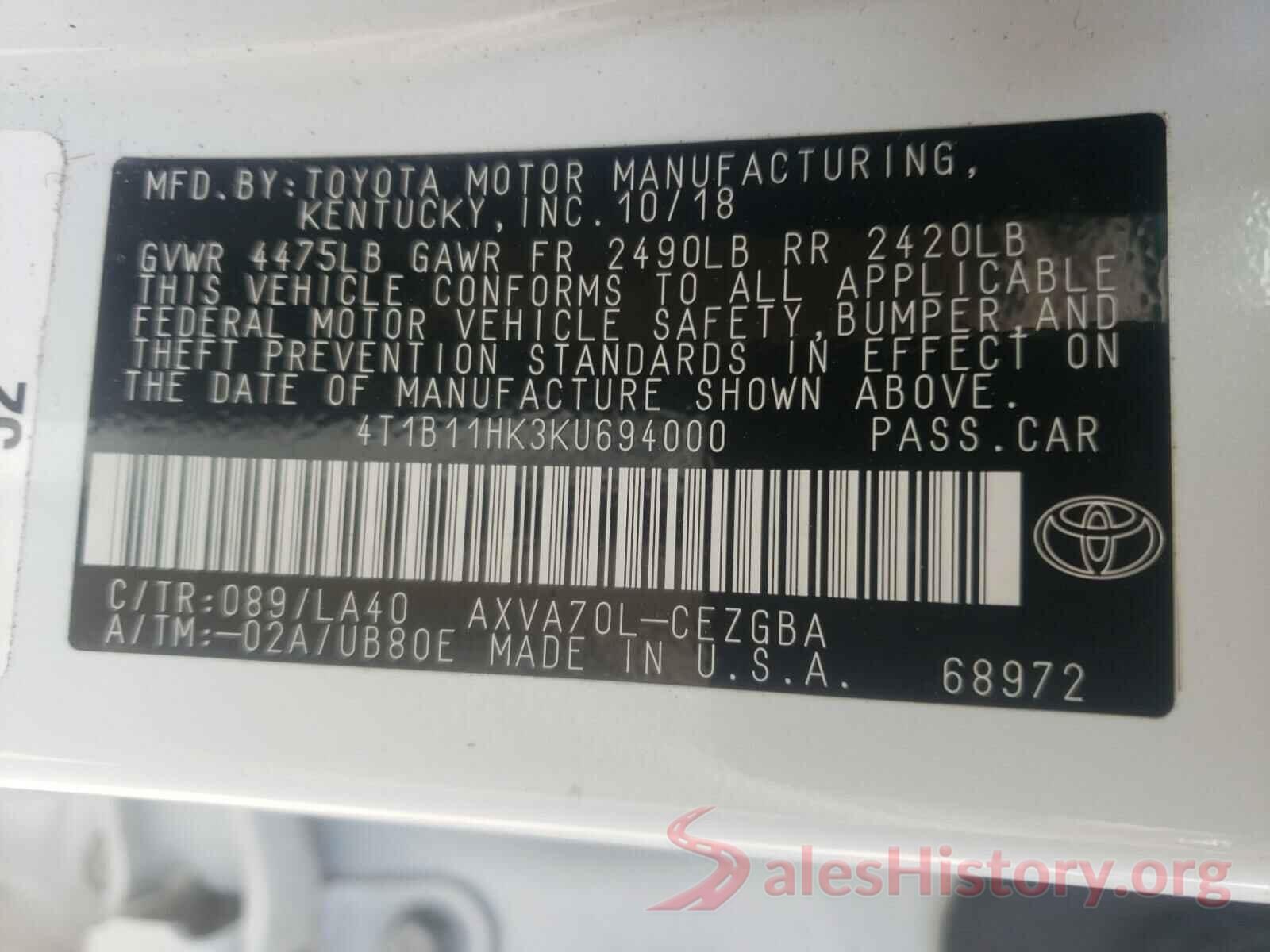 4T1B11HK3KU694000 2019 TOYOTA CAMRY