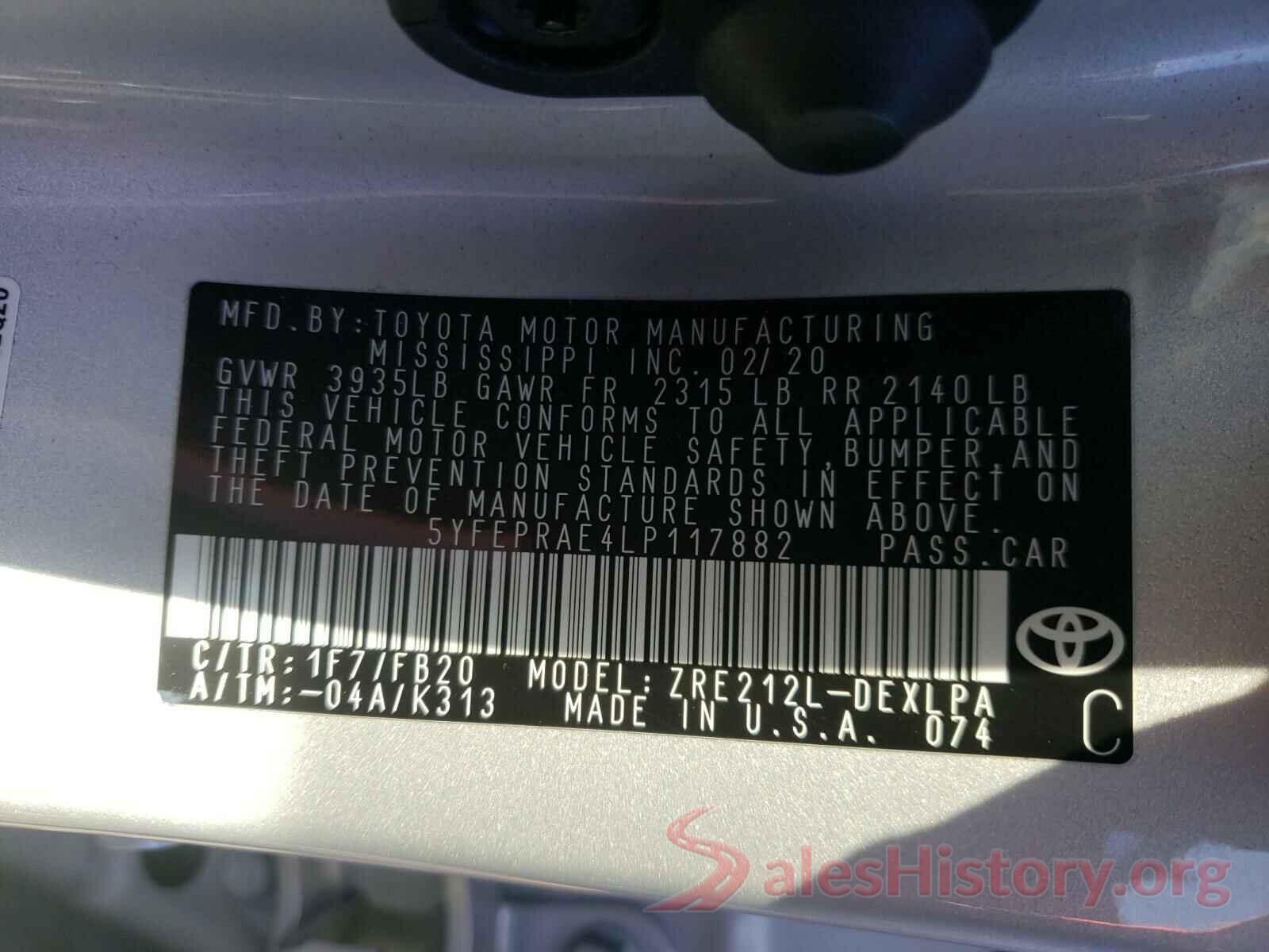 5YFEPRAE4LP117882 2020 TOYOTA COROLLA