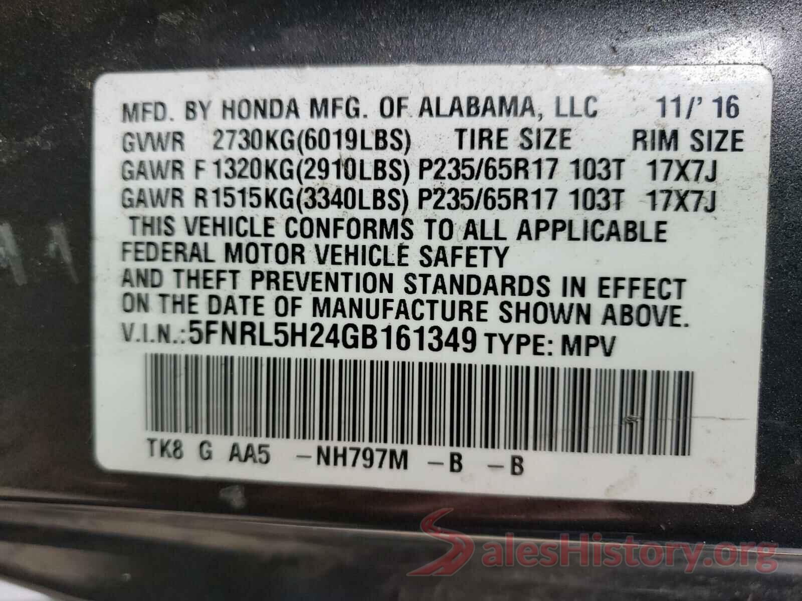 5FNRL5H24GB161349 2016 HONDA ODYSSEY